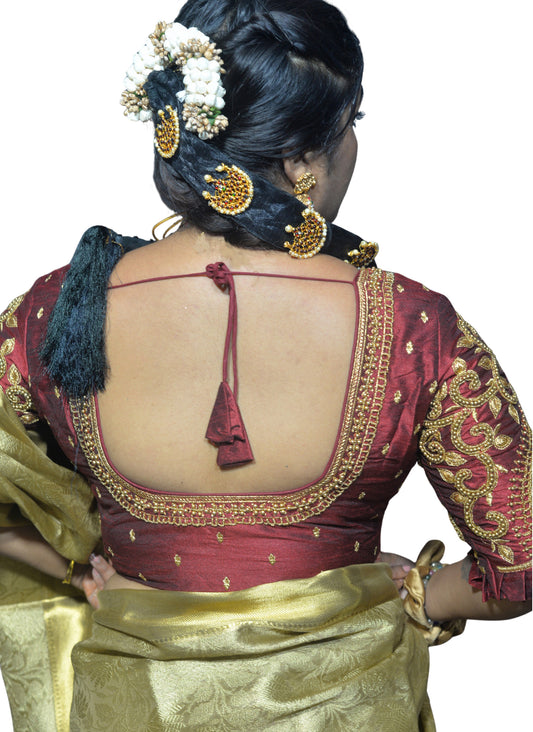 Reddish Maroon Blouse with Leaf Sleeves & Dual Embroidery