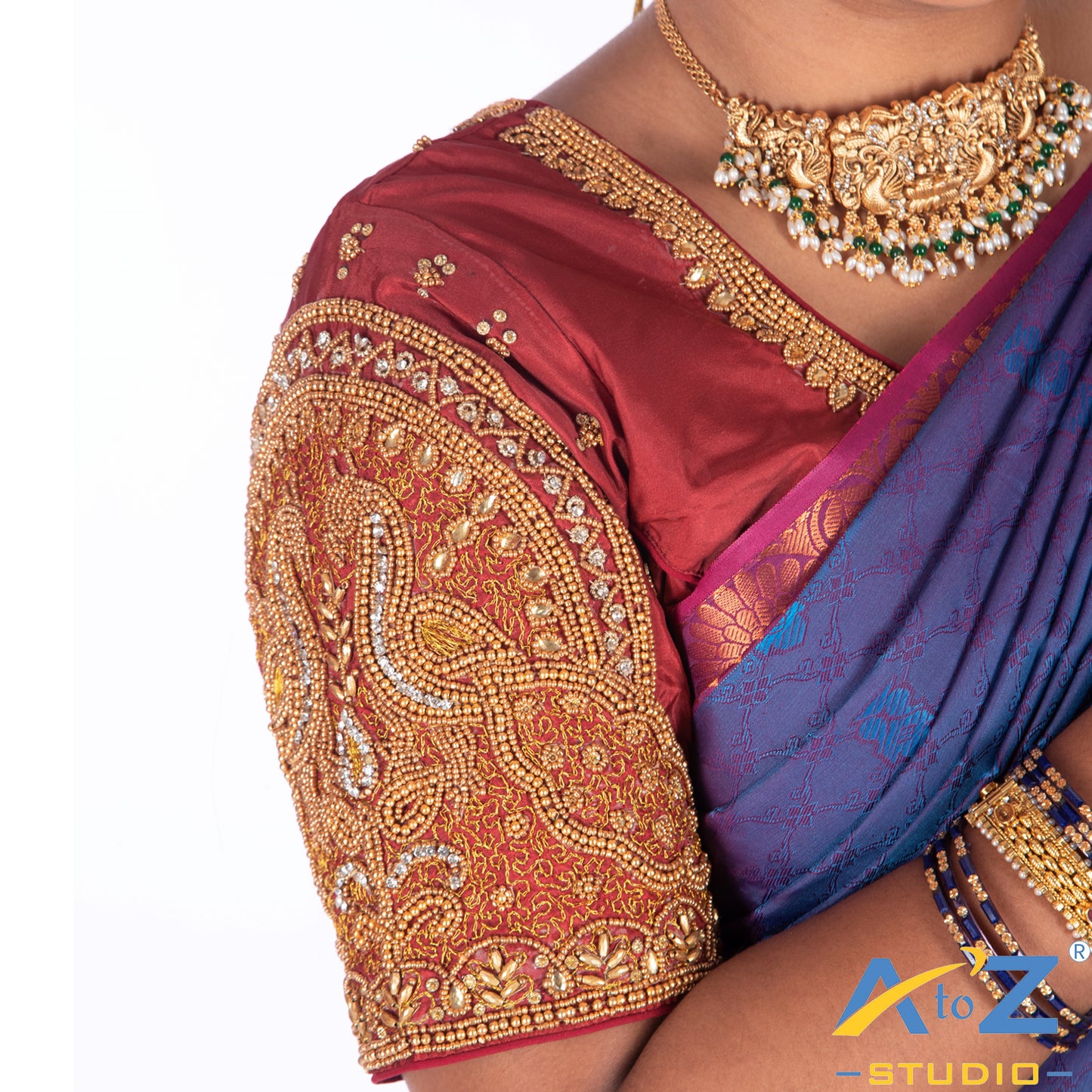 Crimson Red Silk Cloth Blouse with Double Peacock Design