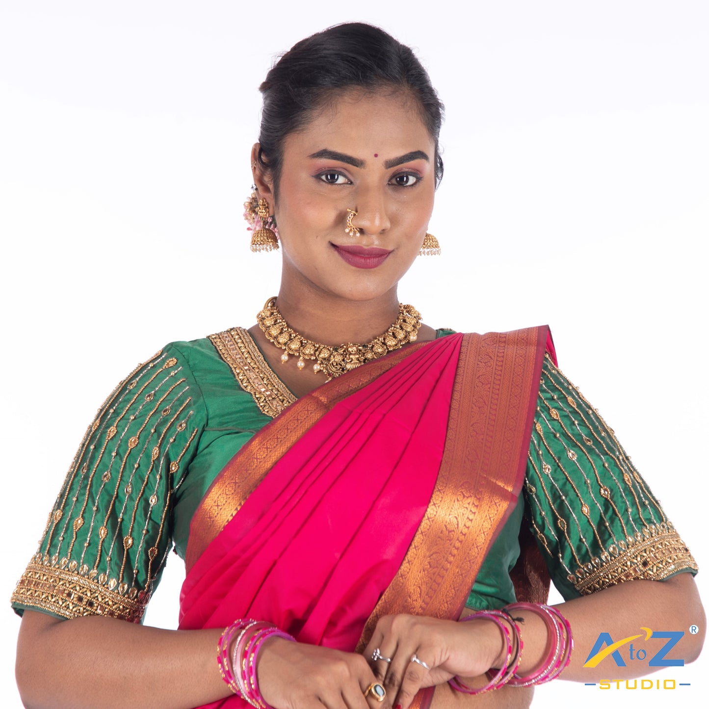 Chateav Green Silk Cloth Blouse with Chain and kundan and mirror design Design