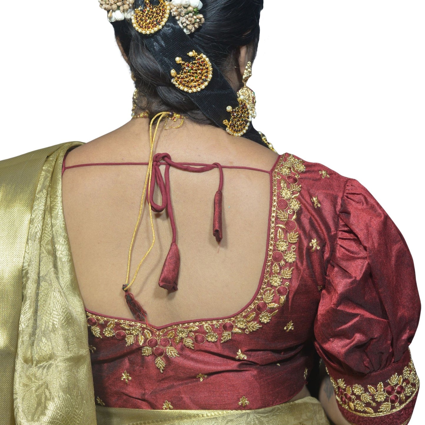 Maroon Blouse with Gold Motifs & Dual Embroidery