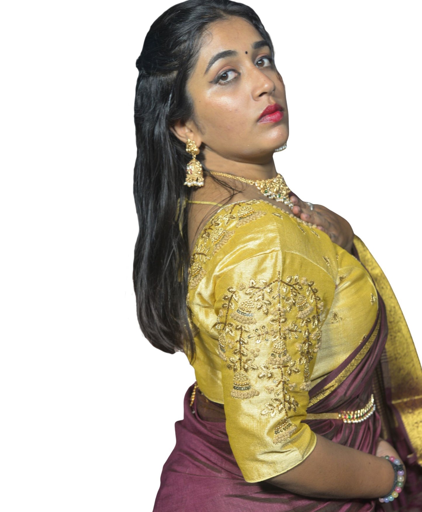 Embroidered Gold Blouse with Floral Aari Fusion Work