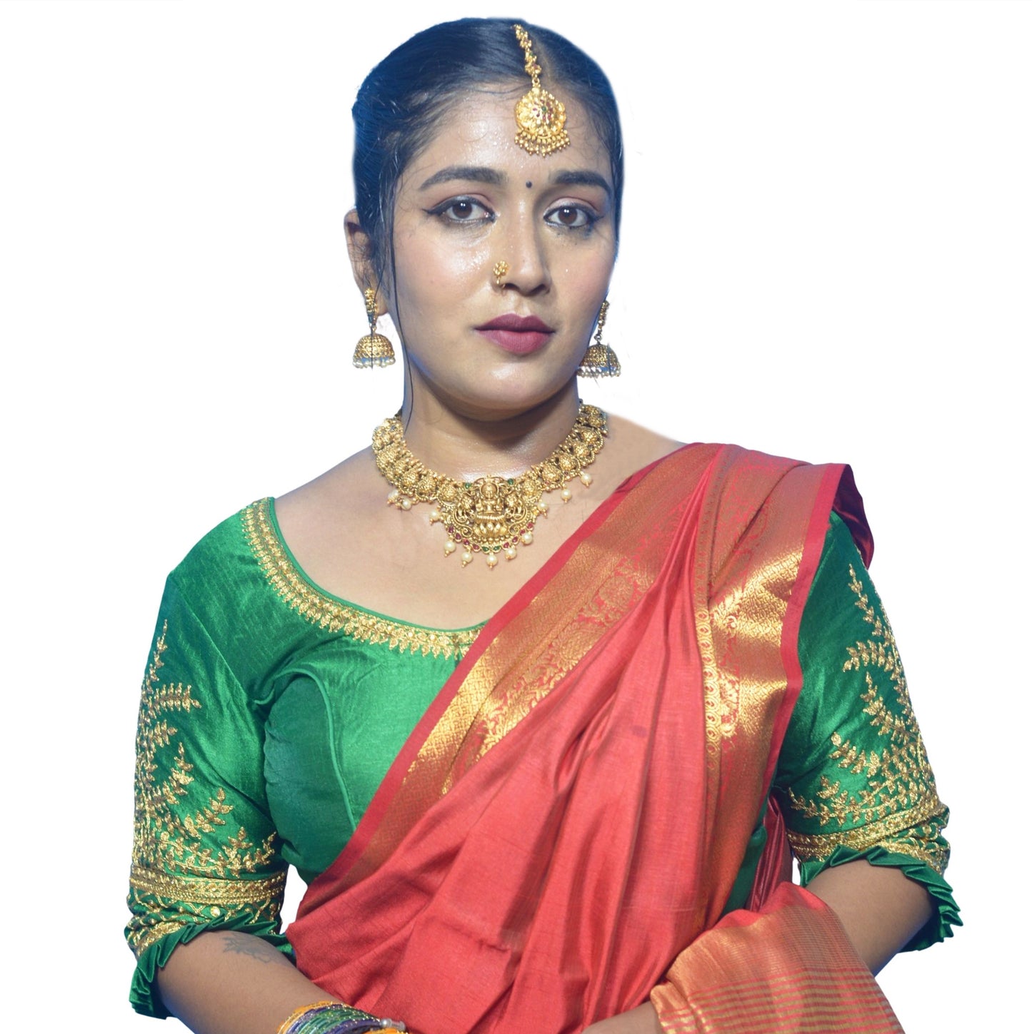 Designer Green Blouse with Cross Plus Pattern and Puff Sleeves