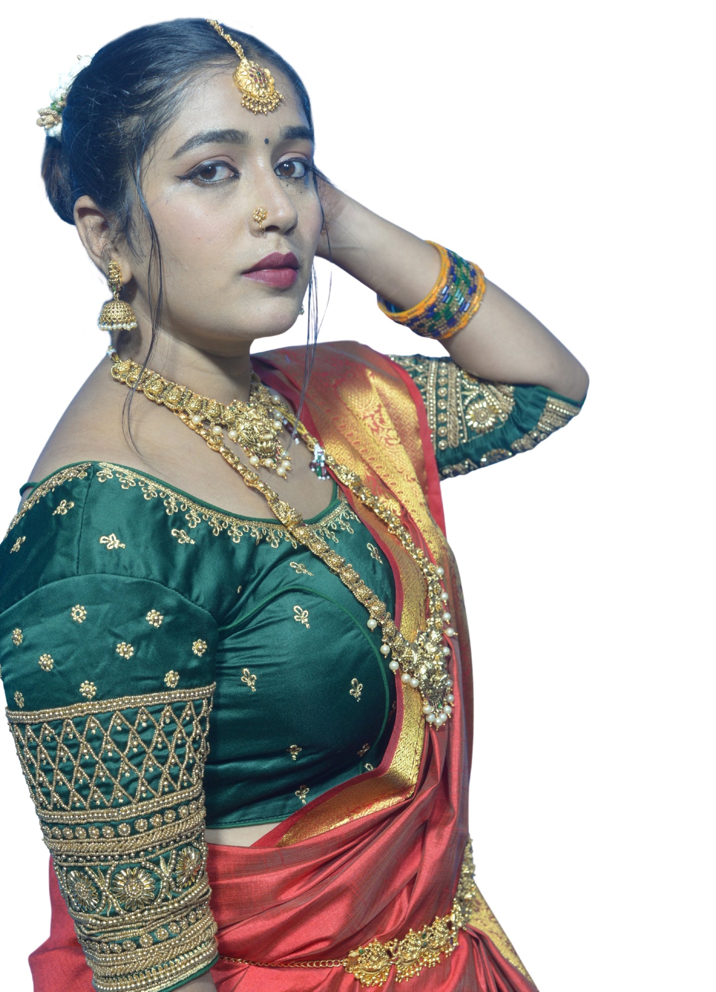 Designer Dark Green Blouse with Criss-Cross Floral Sleeves and Aari Embroidered Back