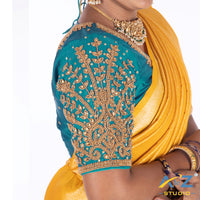 Dark Blue Silk Cloth Blouse with Small leaf (like flower pot) and chain work Design