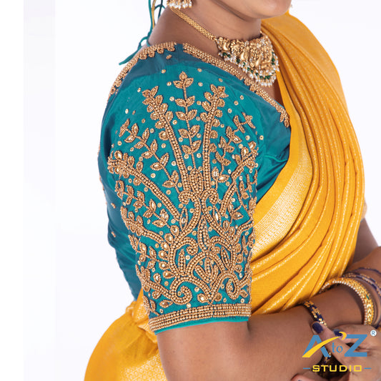 Dark Blue Silk Cloth Blouse with Small leaf (like flower pot) and chain work Design