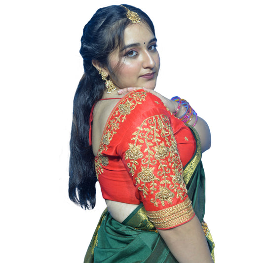 Red Blouse with Floral Motifs & Dual Embroidery