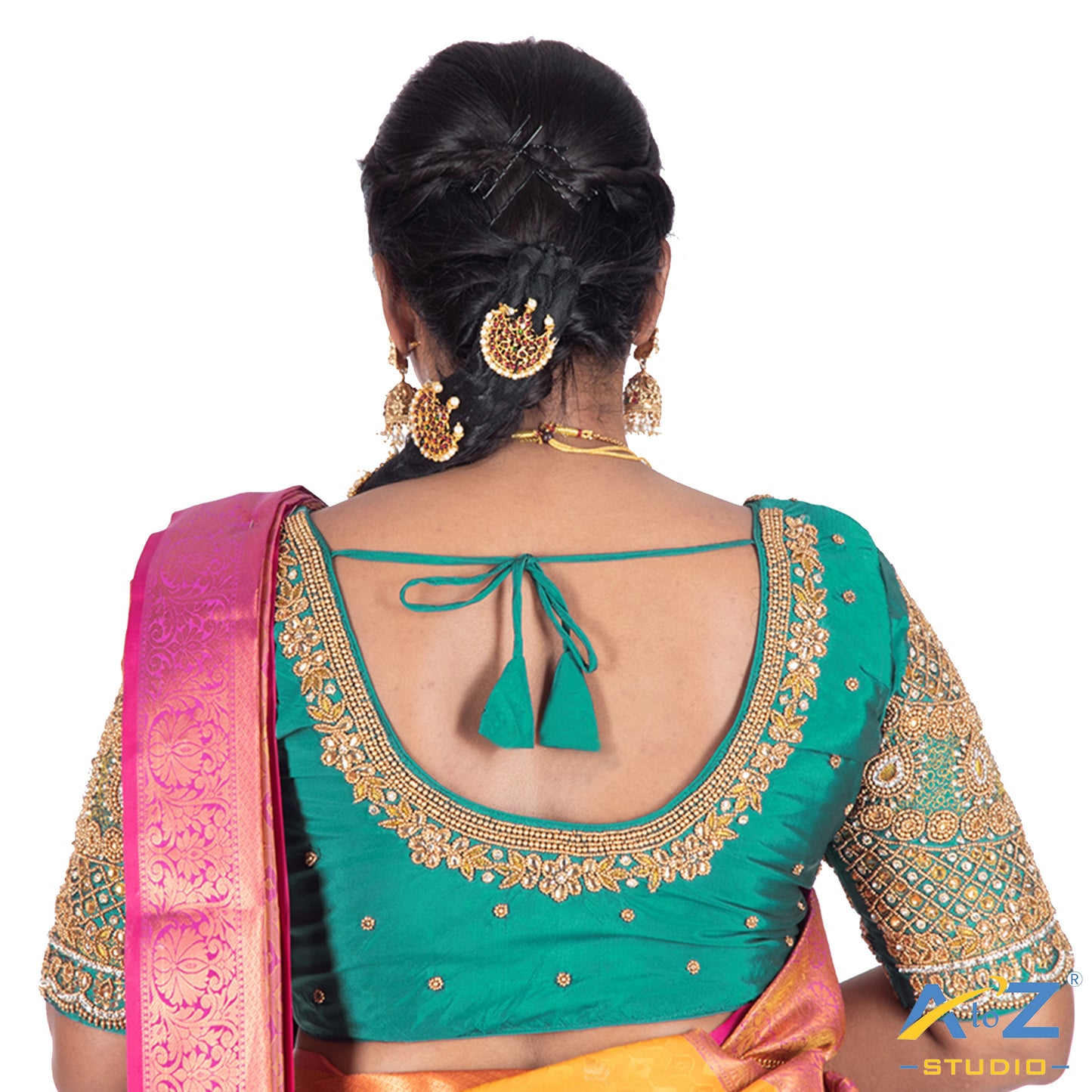 Light Rama Blue Silk Cloth Blouse with kundan and chain work Design