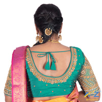 Light Rama Blue Silk Cloth Blouse with kundan and chain work Design