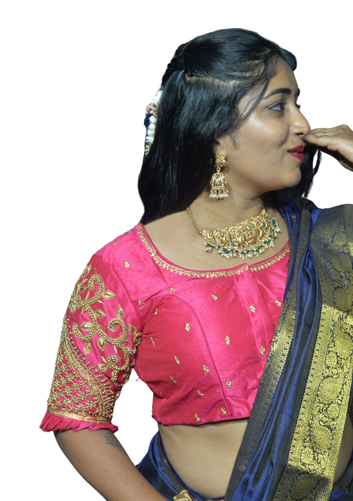 Magenta Blouse with Leaf Sleeves & Dual Embroidery