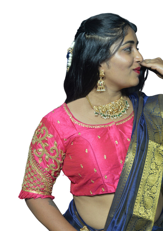 Magenta Blouse with Leaf Sleeves & Dual Embroidery