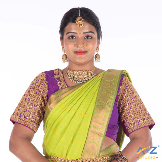 Bright Purple Silk Cloth Blouse with Kundan flower Design Design