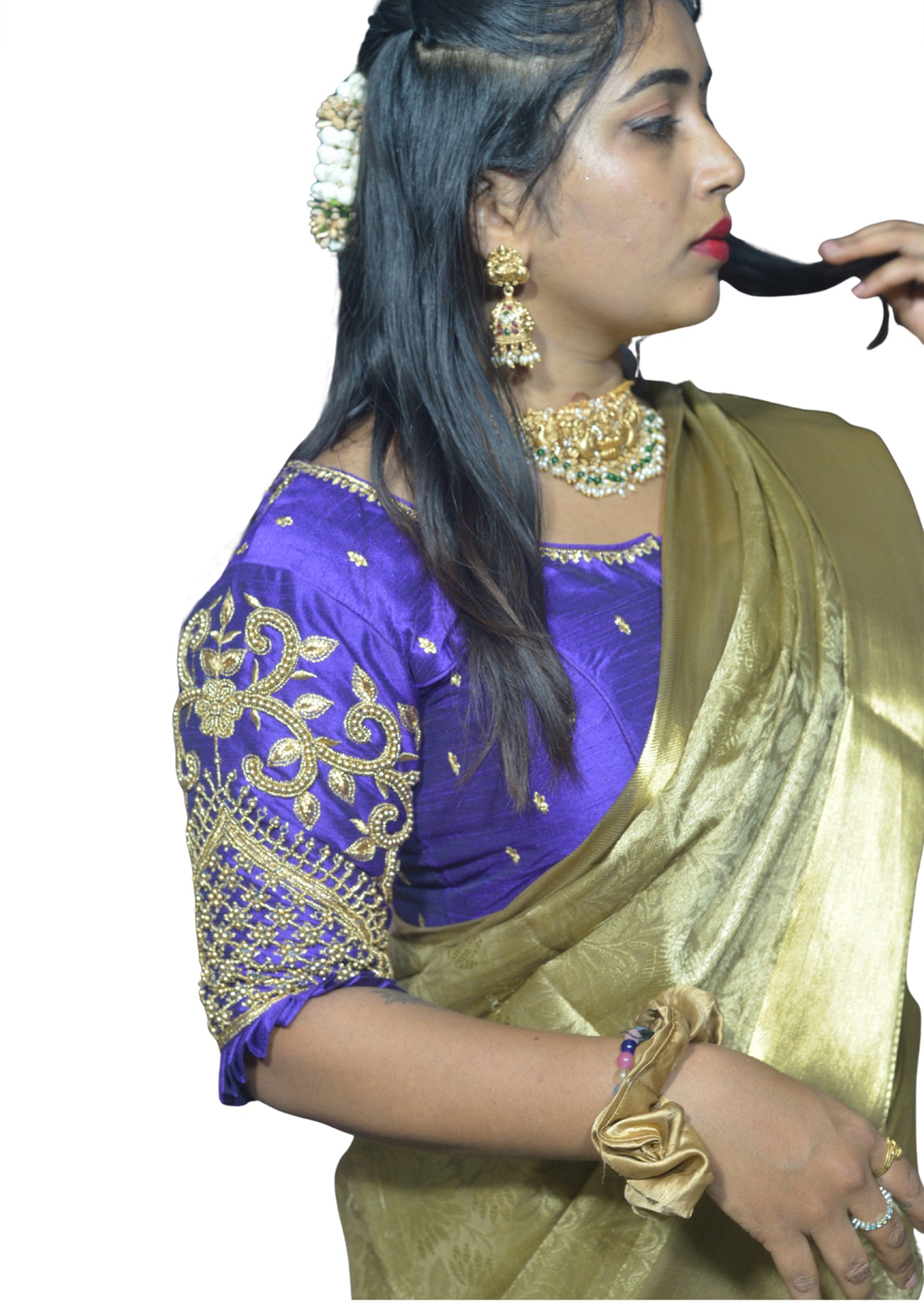 Purple Blouse with Leaf Sleeves & Dual Embroidery