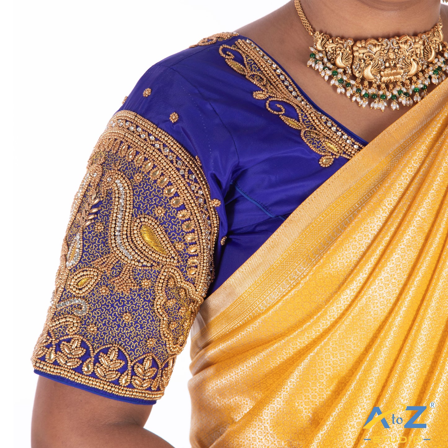 Royal Blue Silk Cloth Blouse with Leaf and 2 peacock at sleeves Design