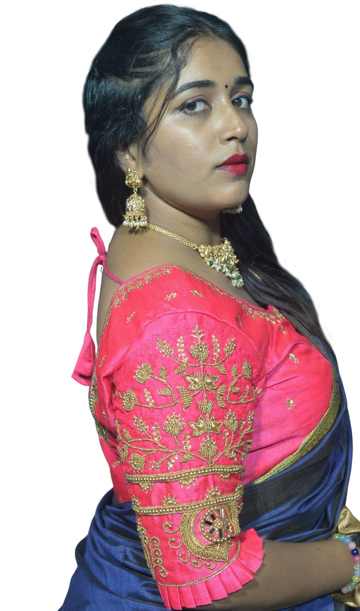 Festive Rani Blouse with Diya Motif and Floral Aari Fusion Work