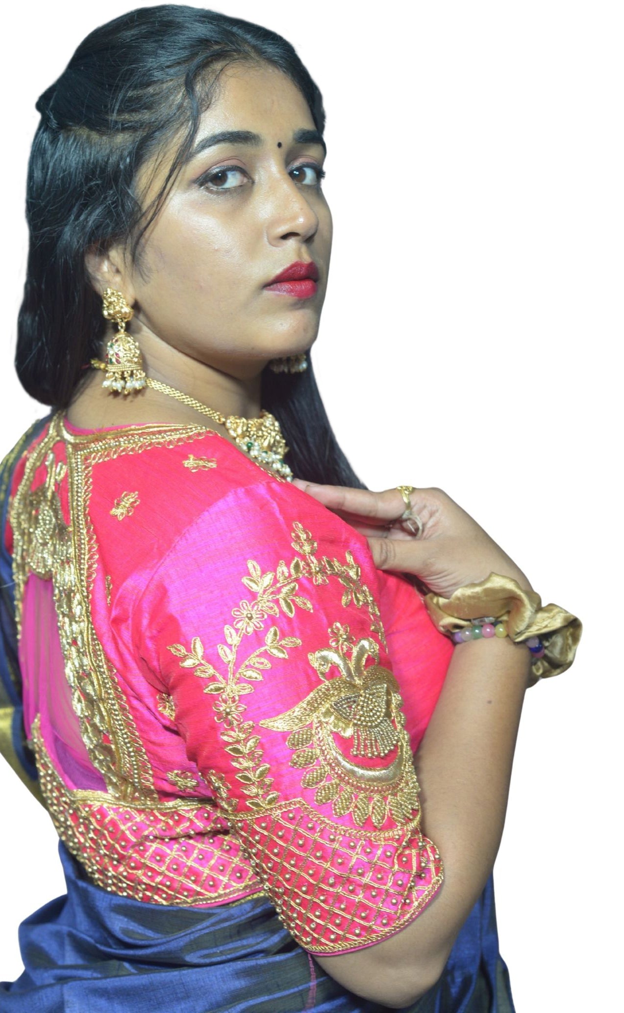 Fuchsia Peacock Blouse with Shoulder Motifs & Criss-Cross Back