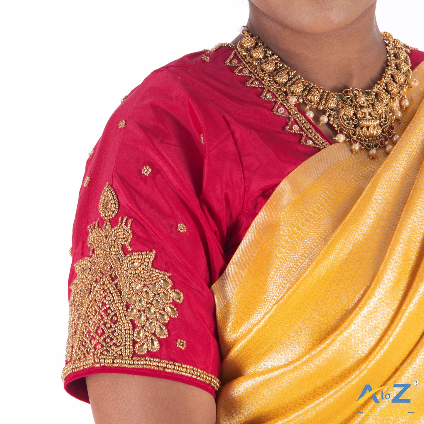 Punch Pink Silk Cloth Blouse with chain 2 peacock Design