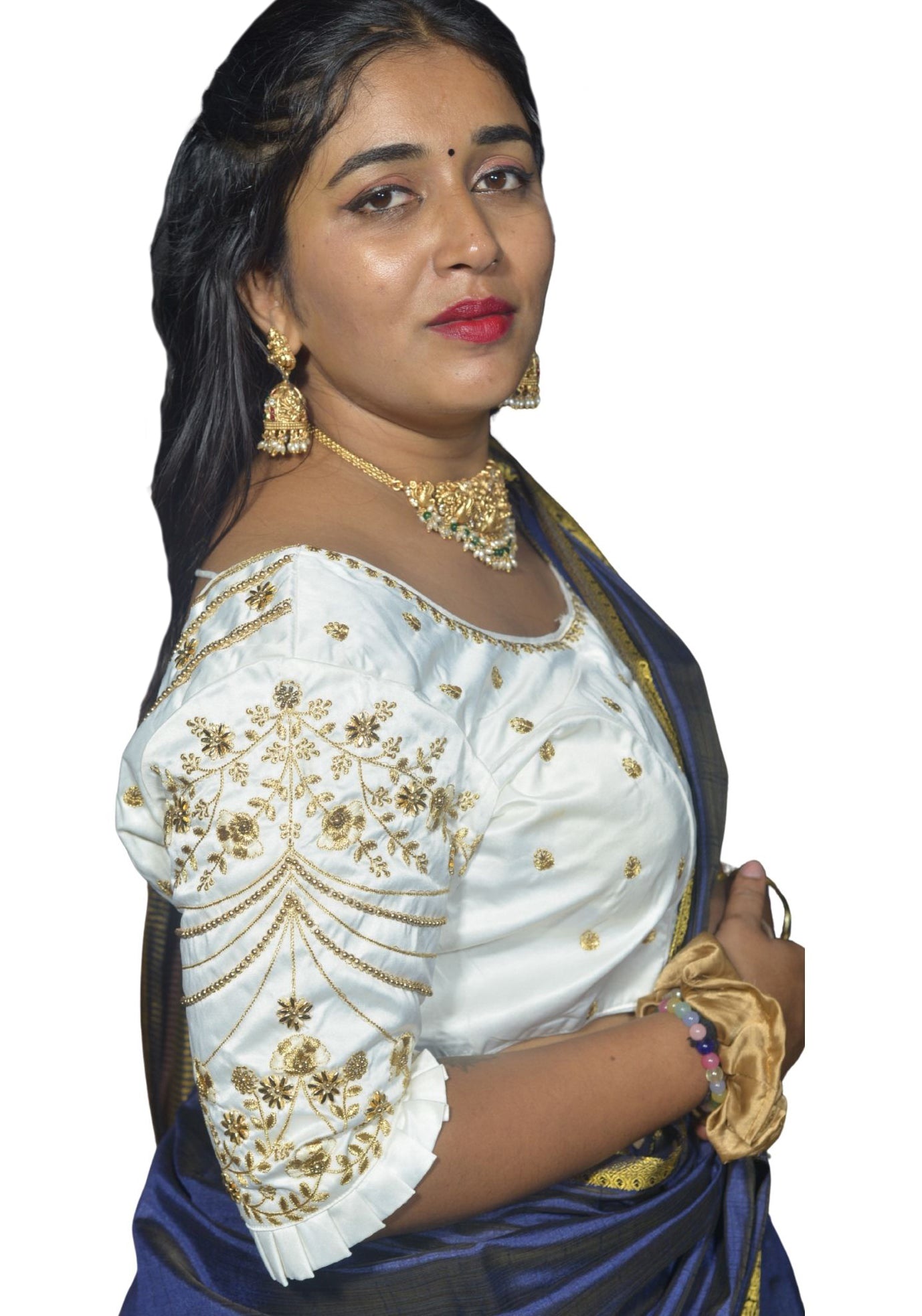 Vibrant White Blouse with Multi-Color Floral Embroidery and Frill Sleeves