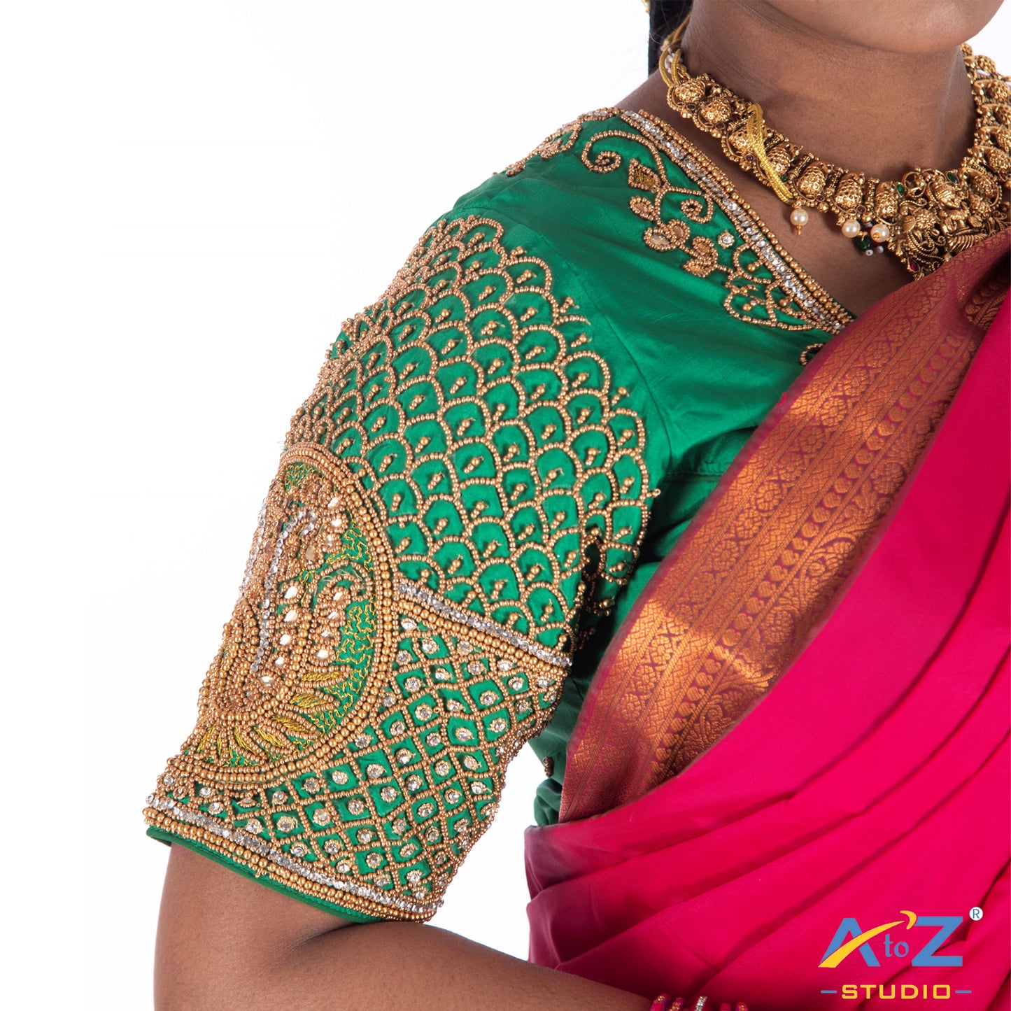 Chateav Green Silk Cloth Blouse with Double peacock and leafs Design