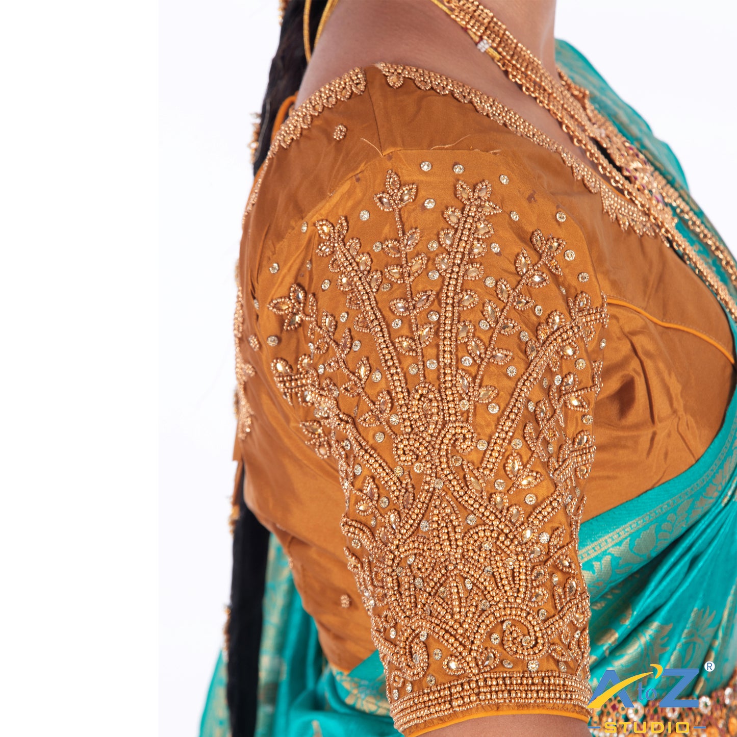 Honey Tissue / Gold Work Blouse with Small leaf (like flower pot) and chain work Design