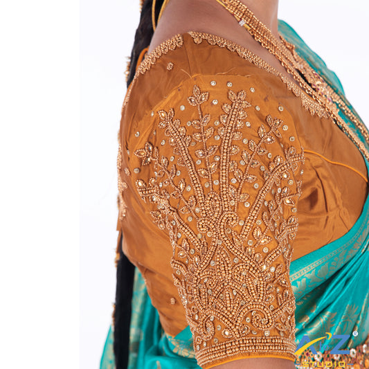 Honey Tissue / Gold Work Blouse with Small leaf (like flower pot) and chain work Design