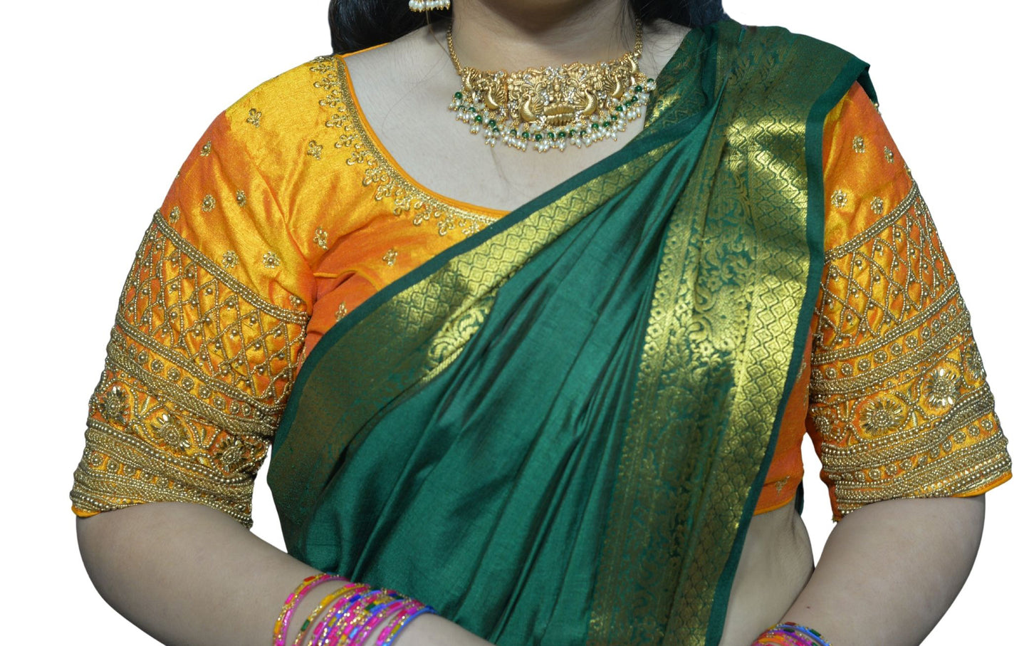 Designer Mango  Blouse with Criss-Cross Floral Sleeves, Machine Front & Aari Embroidered Back"