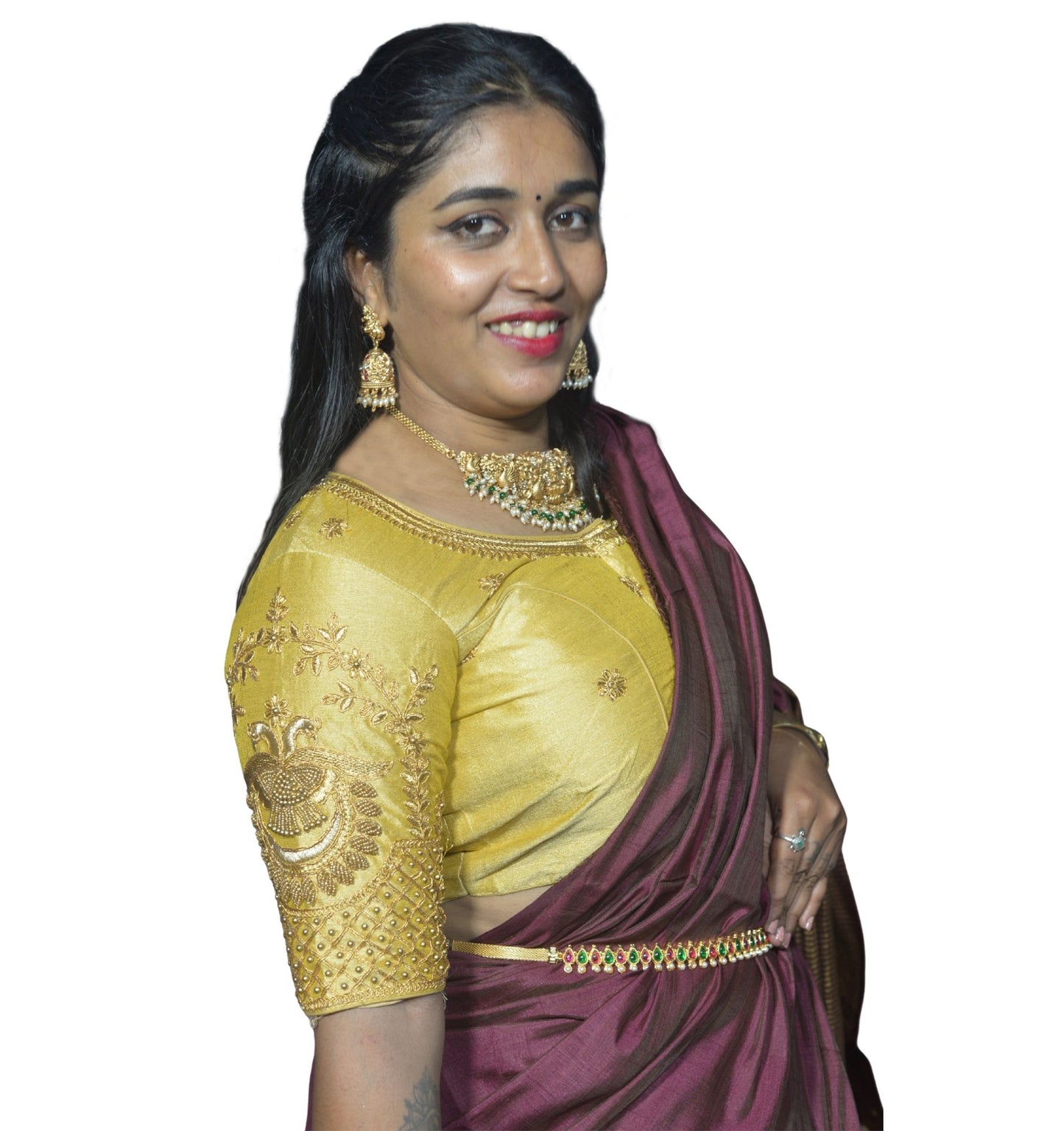 Gold Peacock Blouse with Shoulder Motifs & Criss-Cross Back