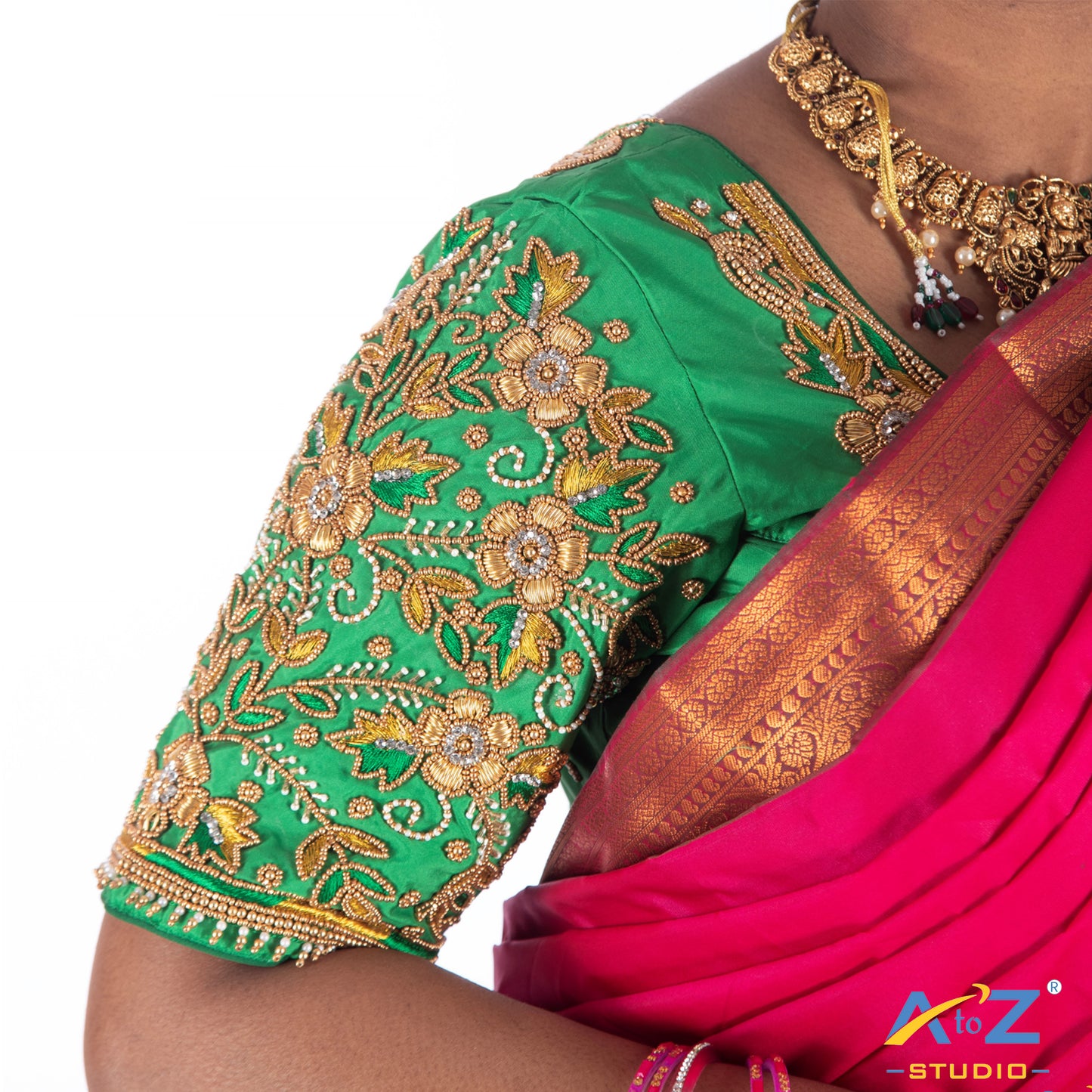 Chateav Green Silk Cloth Blouse with Flower bloosm Design