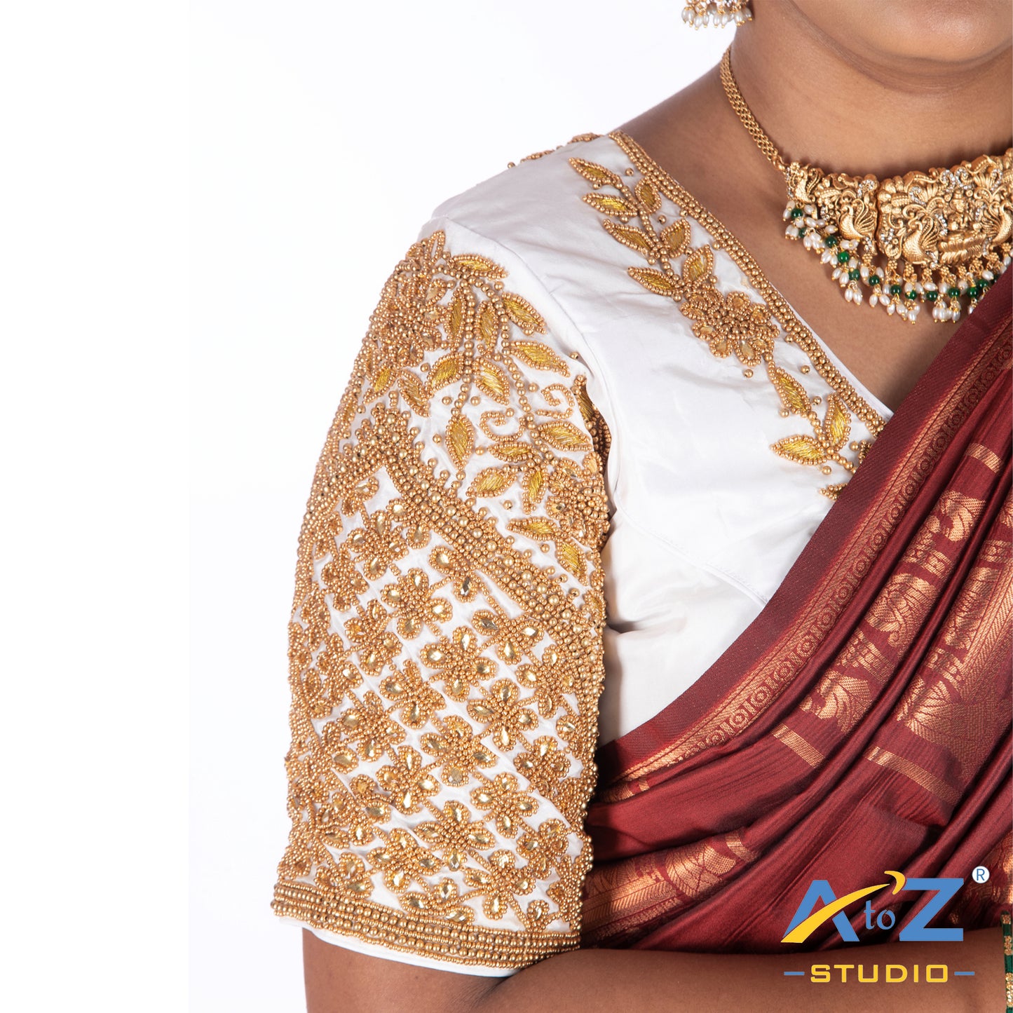 White Silk Cloth Blouse with Leaf and flower Design