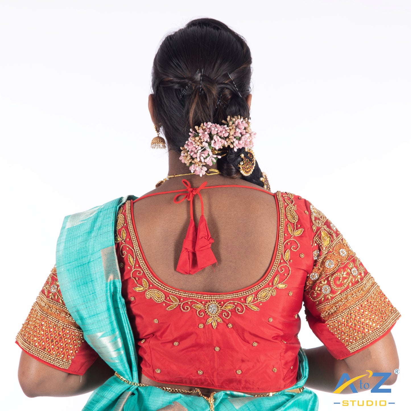 Red Silk Cloth Blouse with Flower and diamod work Design