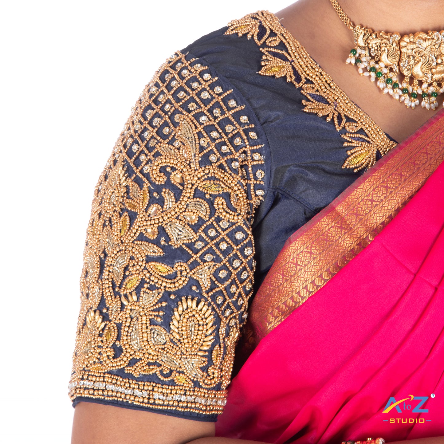 Navy Blue Silk Cloth Blouse with Small Peacock and square chain Design