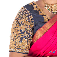 Navy Blue Silk Cloth Blouse with Small Peacock and square chain Design