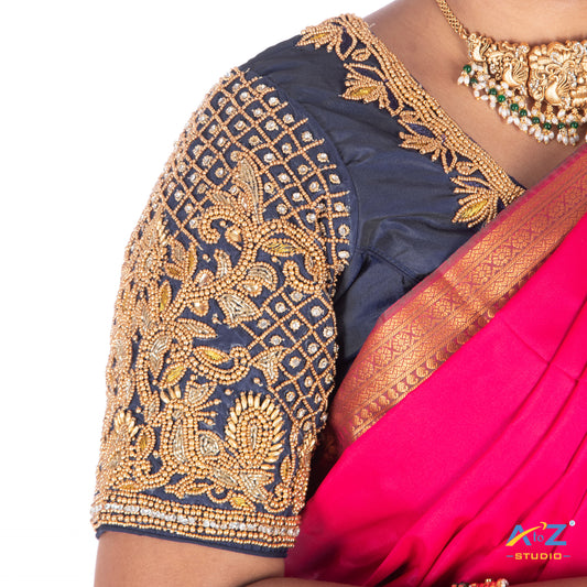 Navy Blue Silk Cloth Blouse with Small Peacock and square chain Design