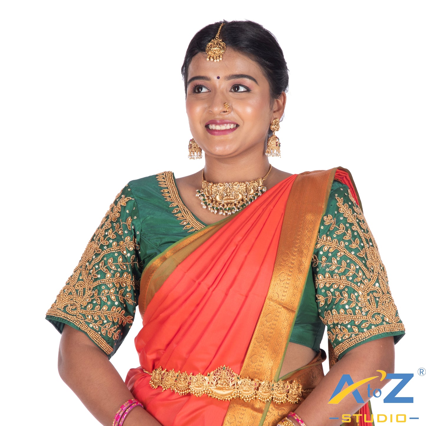 Rama Green Silk Cloth Blouse with Small leaf (like flower pot) and chain work Design