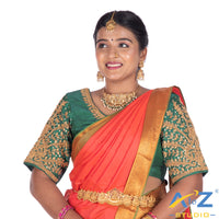 Rama Green Silk Cloth Blouse with Small leaf (like flower pot) and chain work Design