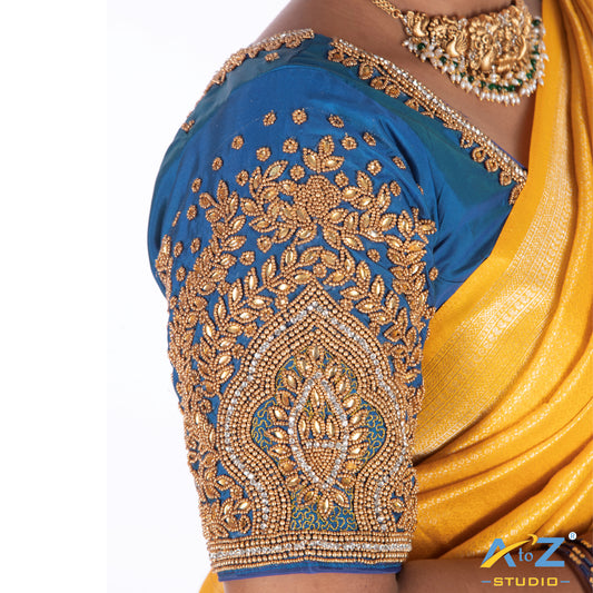 Egyptian Blue Tissue Cloth Blouse with Small leaf and chain work Design