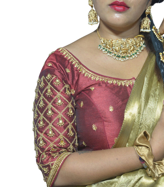 Maroon Blouse with Criss-Cross, Footprint & Bush Embroidery