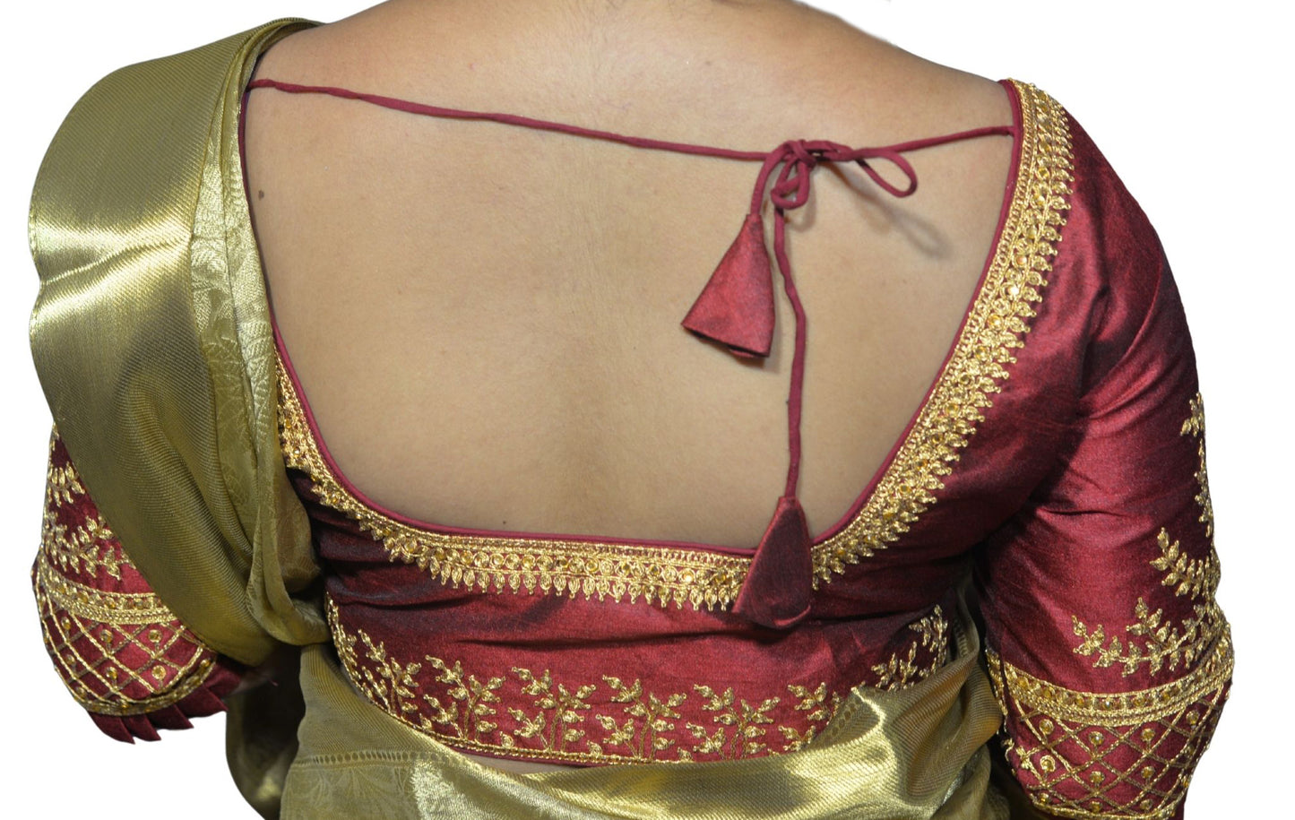 Designer Maroon Blouse with Cross Plus Pattern and Puff Sleeves