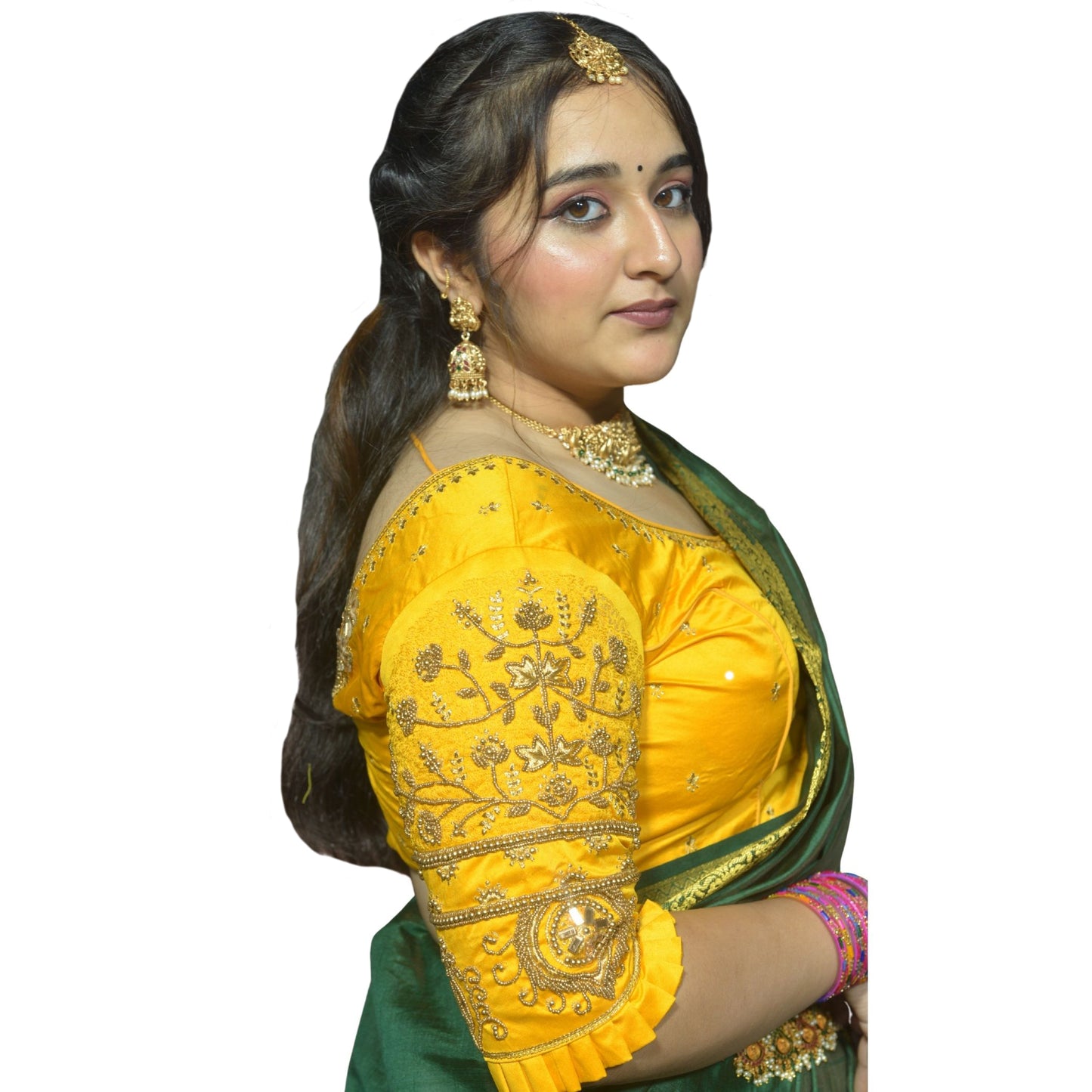 Festive Golden Yellow Blouse with Diya Motif and Floral Aari Fusion Work