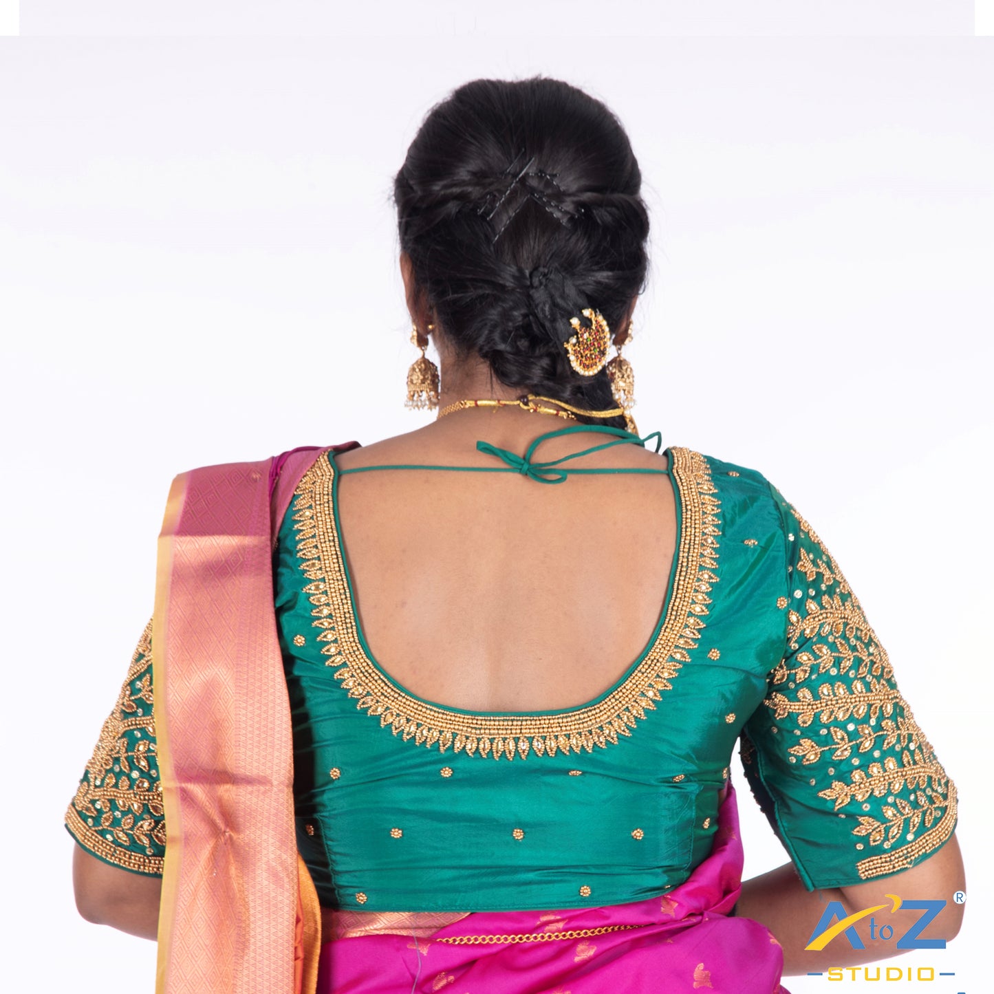 Rama Blue Silk Cloth Blouse with Small leaf (like flower pot) and chain work Design