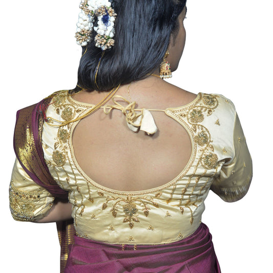 Designer Ivory Blouse with Floral and Moti Sleeves and Aari Embroidered Back