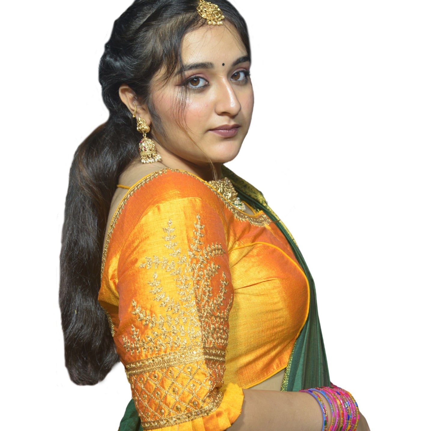 Designer Mango Blouse with Cross Plus Pattern and Puff Sleeves