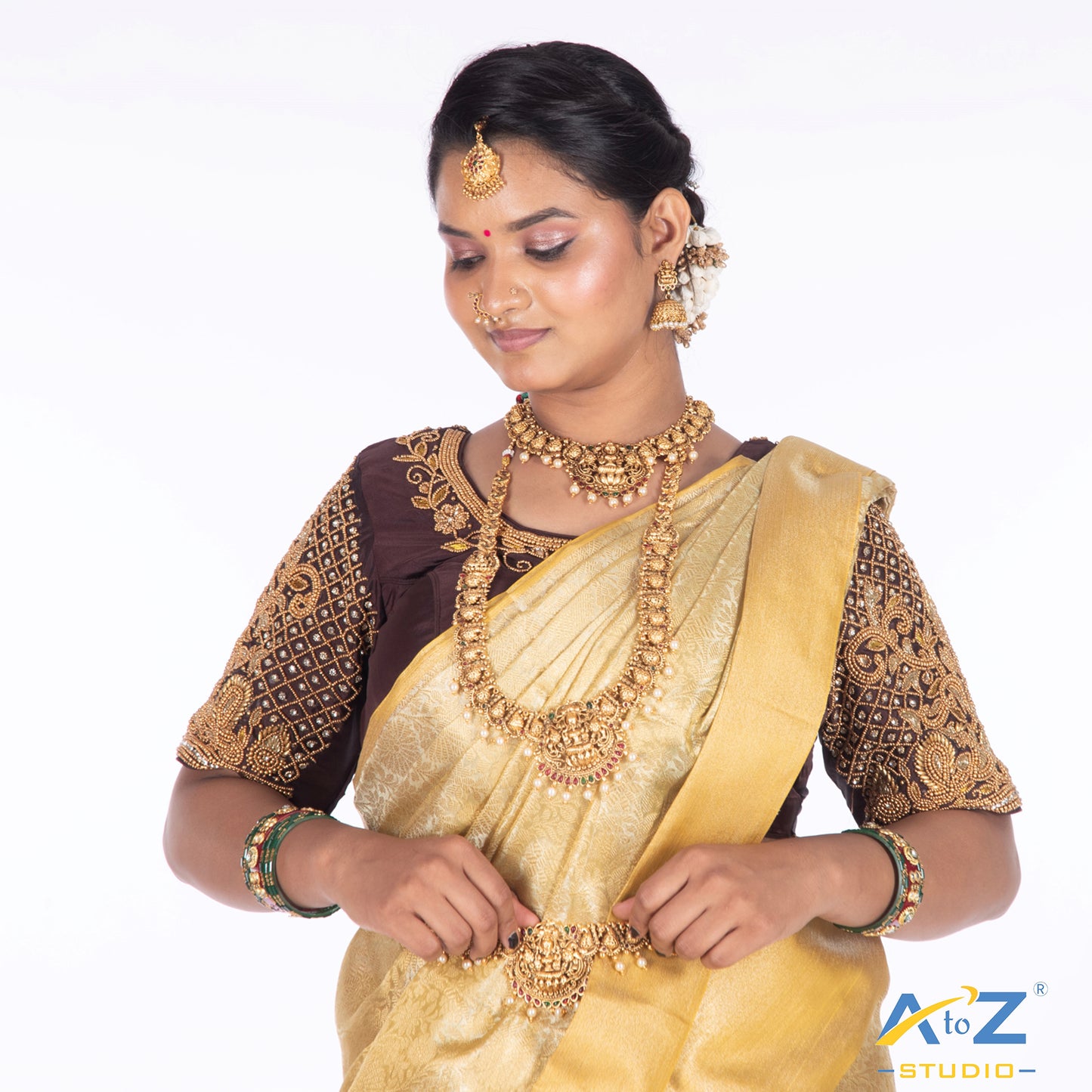 Dark brown Silk Cloth Blouse with Small Peacock and square chain Design