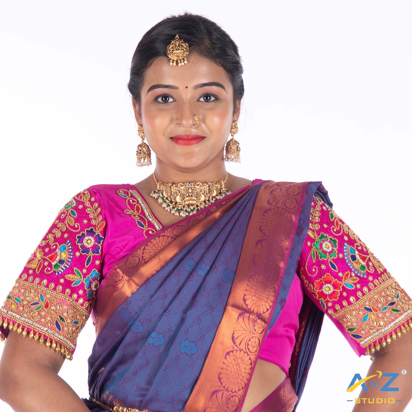 Bright Pink Silk Cloth Blouse with Flower and leaf pattern Design