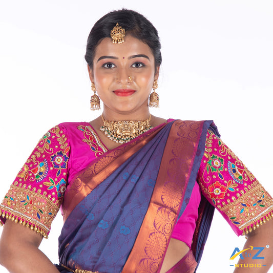 Bright Pink Silk Cloth Blouse with Flower and leaf pattern Design