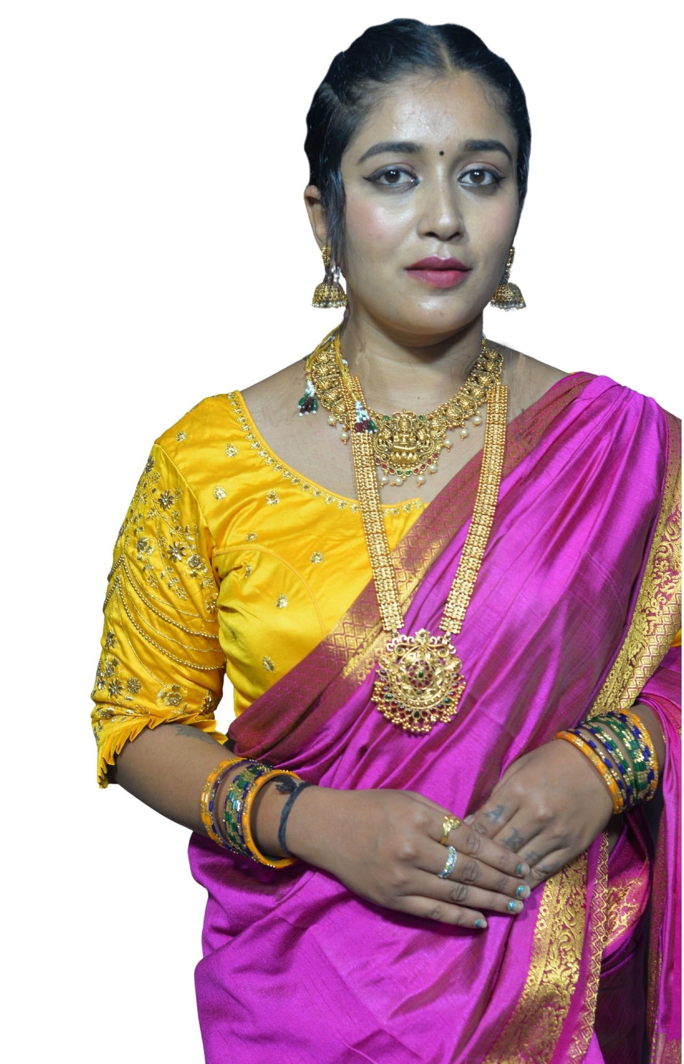 Vibrant Golden Yellow Blouse with Multi-Color Floral Embroidery and Frill Sleeves