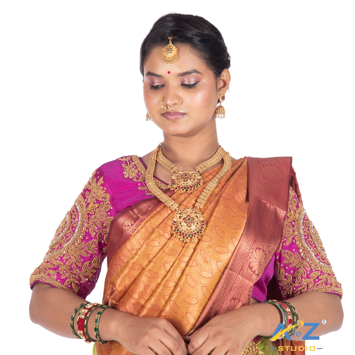 Bright pink Tissue Cloth / Gold Work Blouse with Circle and kundan work Design