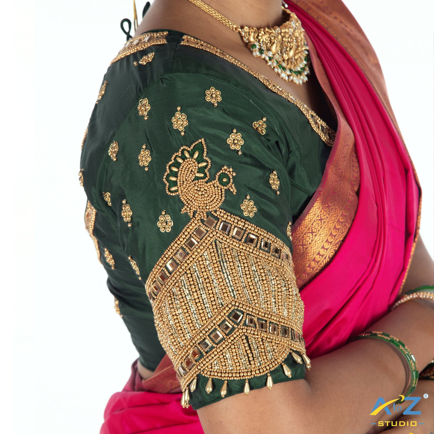 Bottle Green Silk Cloth Blouse with Small peacock ,chain and mirror Design