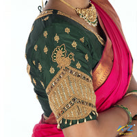 Bottle Green Silk Cloth Blouse with Small peacock ,chain and mirror Design