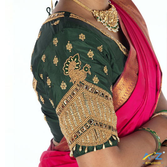 Bottle Green Silk Cloth Blouse with Small peacock ,chain and mirror Design