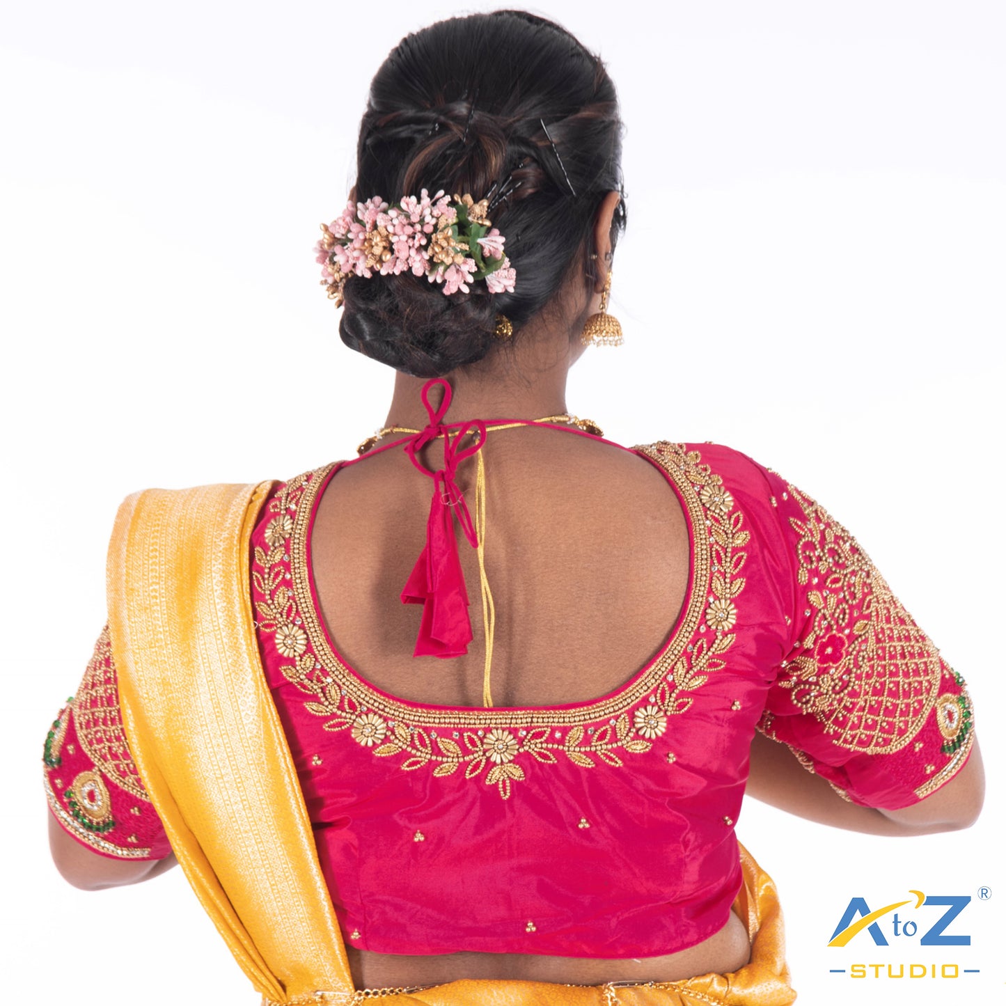 deep Pink Silk Cloth Blouse with Flower and leafs with chain and thread Design